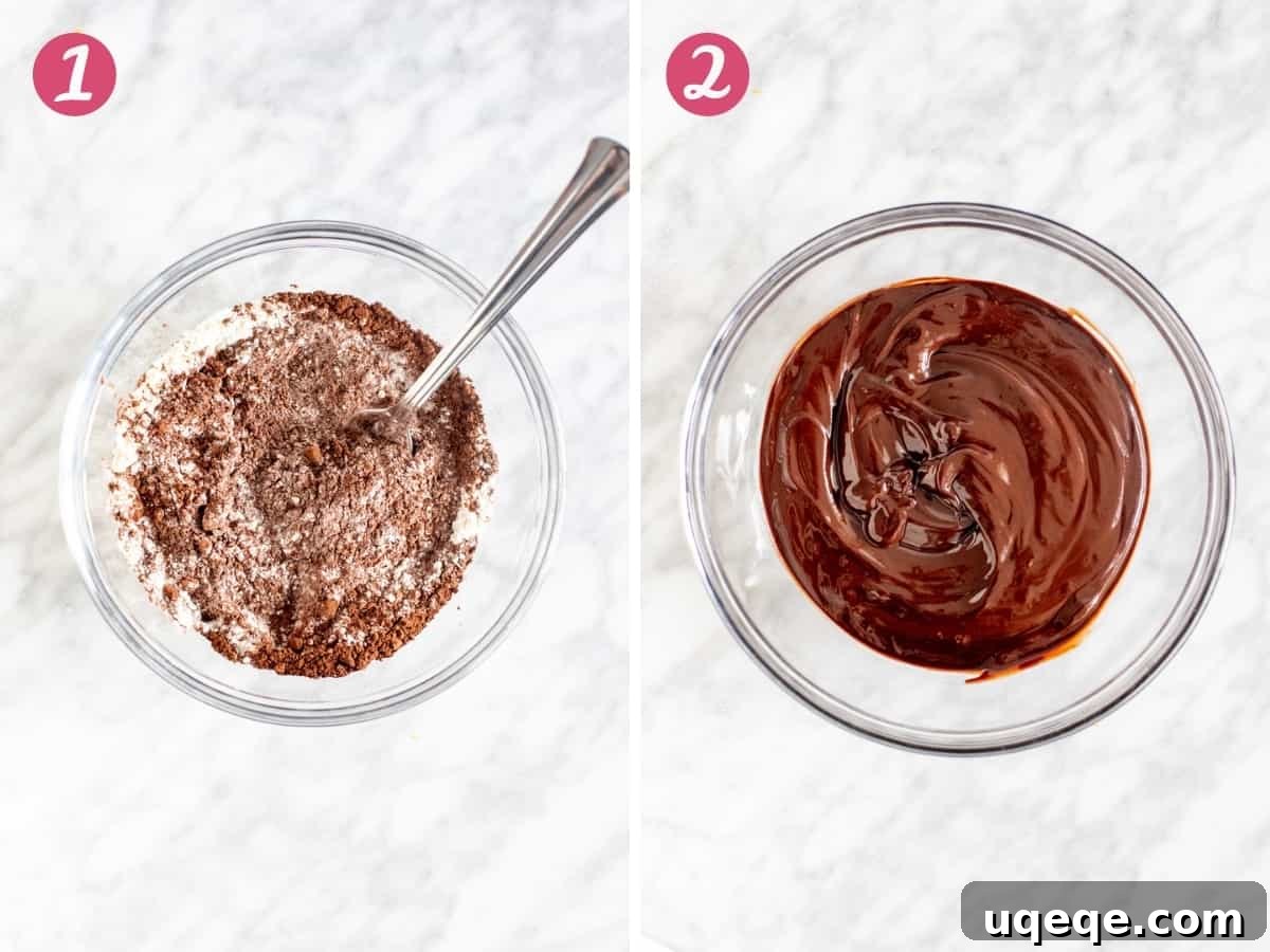 Gourmet Brownie Cookies 3 Collage of two photos: a bowl of meticulously whisked cocoa and flour, and a second bowl showcasing the perfectly smooth and glossy melted chocolate and butter mixture.