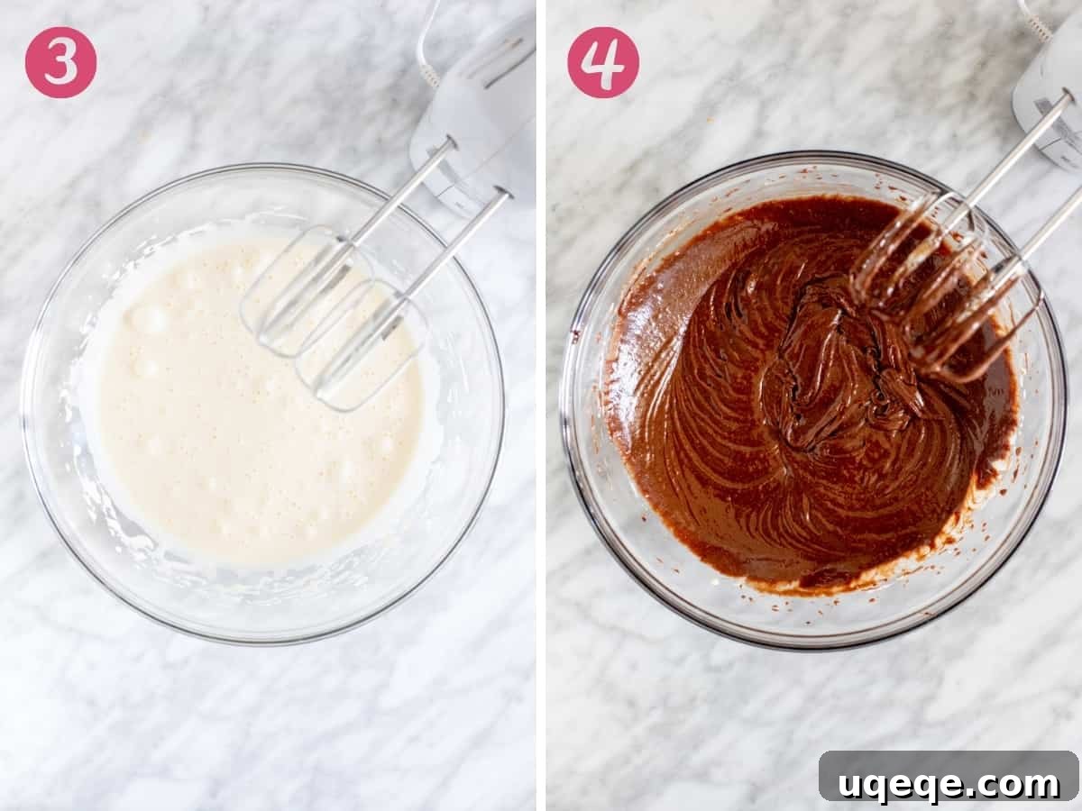 Gourmet Brownie Cookies 4 Two sequential photos illustrating the process of mixing brownie cookie batter, highlighting the desired glossy and smooth texture as ingredients combine.
