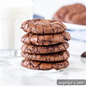 Five fudgy brownie cookies stacked on top of each other, displaying their tempting texture and crinkled tops.
