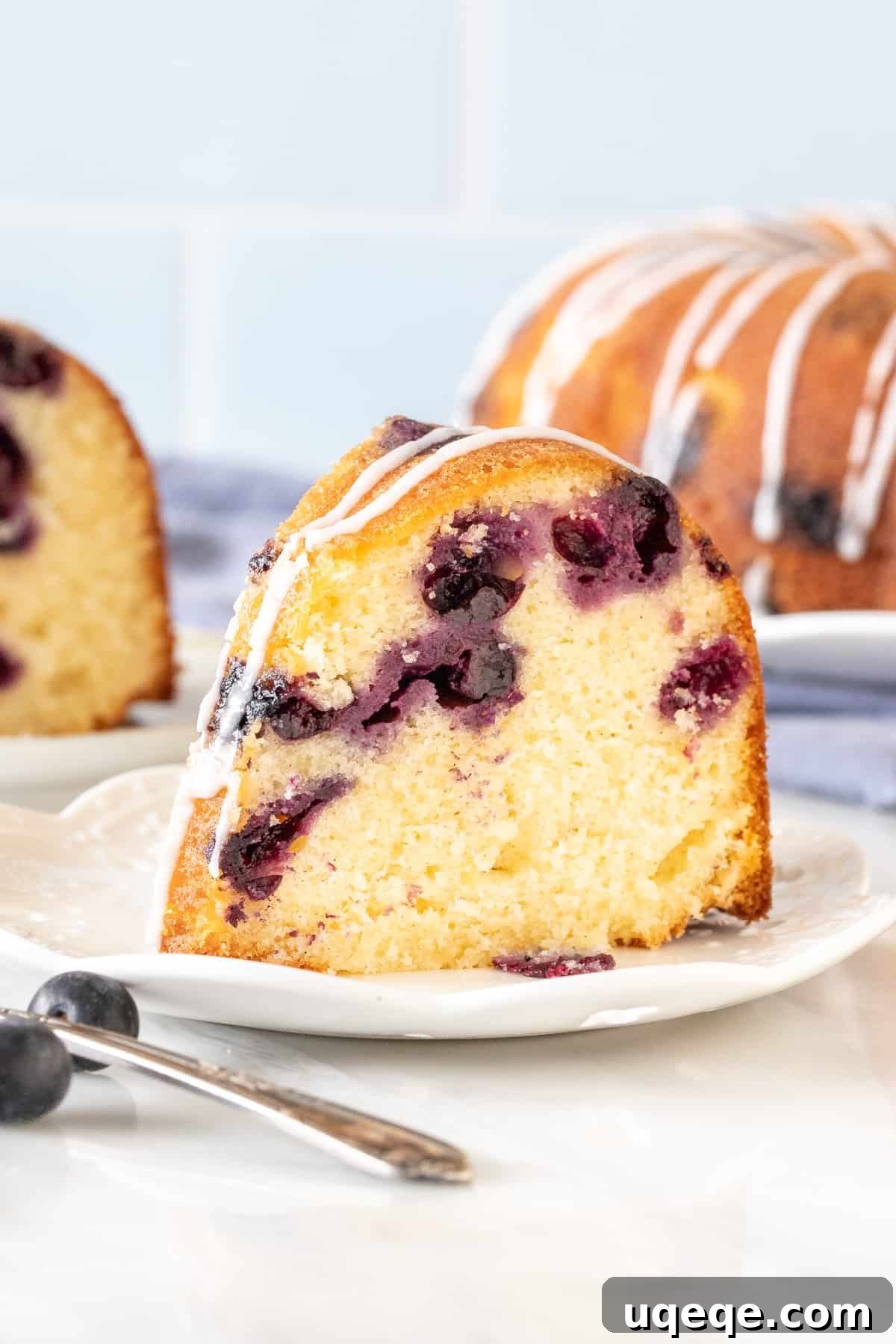 Sunshine Lemon Blueberry Bundt 3 Piece of lemon bundt cake with blueberries.