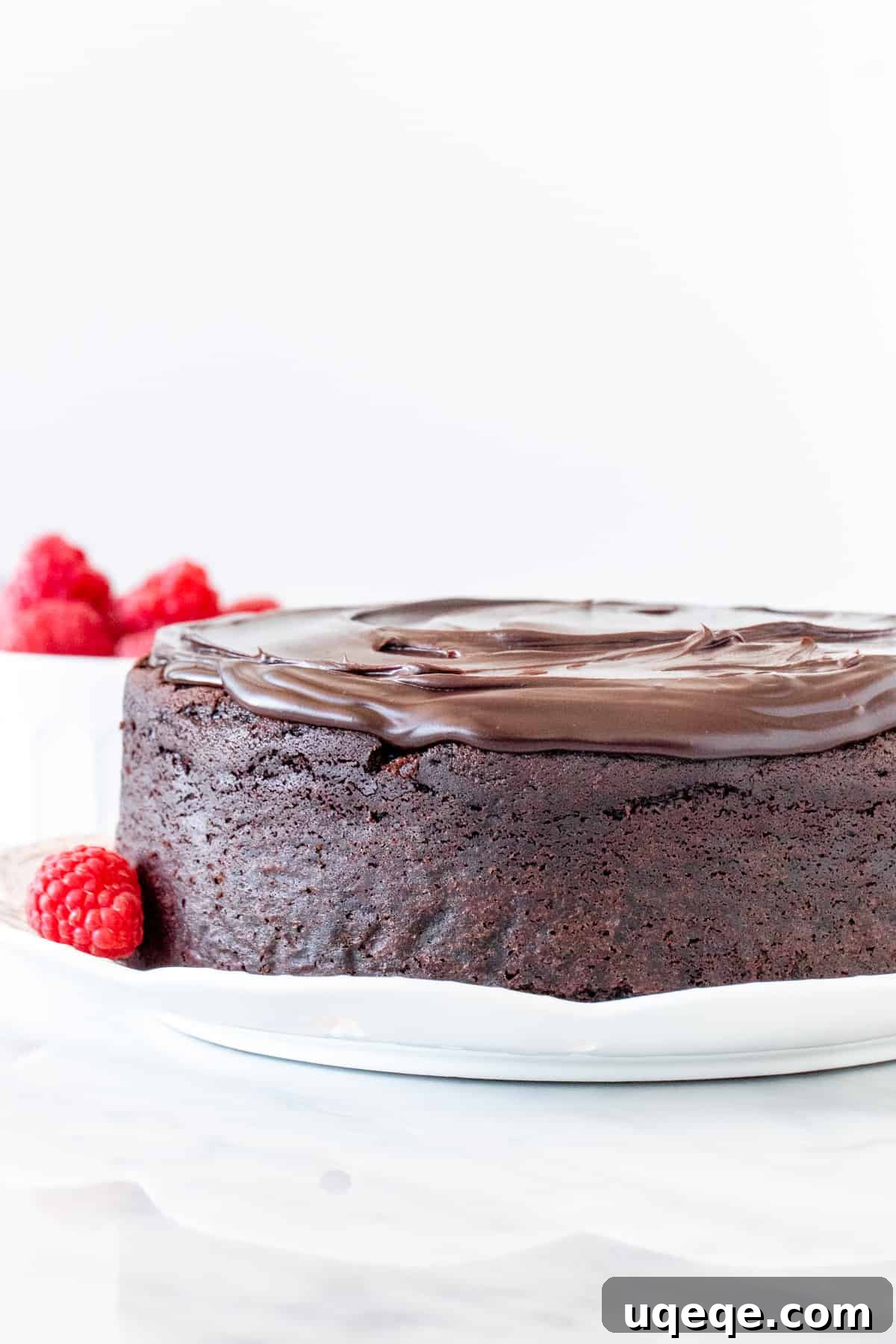Decadent Chocolate Mud Cake 3 A single-layer chocolate mud cake, beautifully frosted with a smooth, dark chocolate ganache, ready to be served.