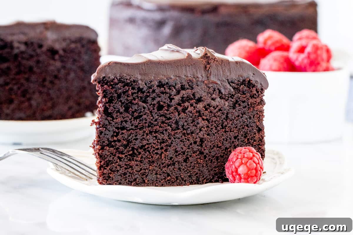 Decadent Chocolate Mud Cake 4 A close-up of a slice of chocolate mud cake, served with a vibrant bowl of fresh raspberries, highlighting its rich color and inviting texture.
