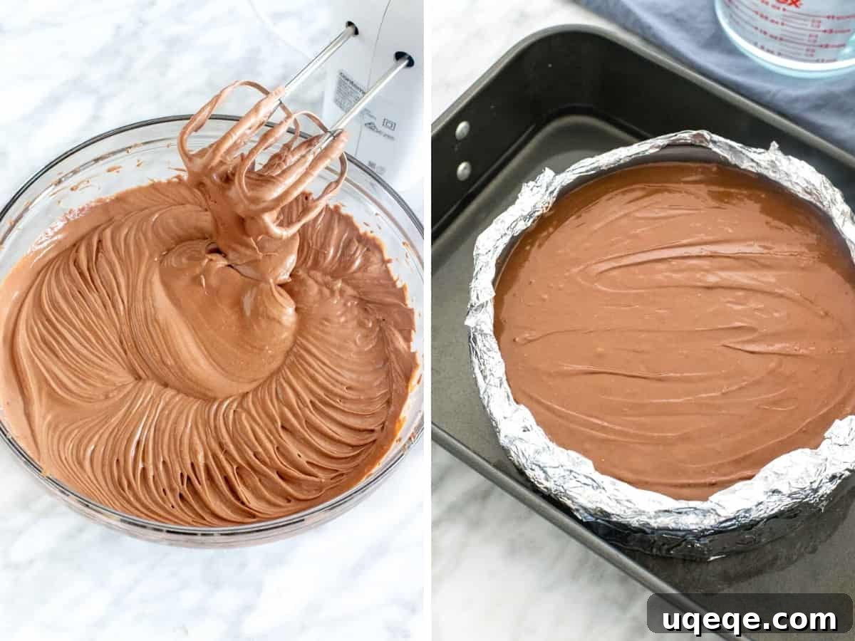 Chocolate cheesecake batter being poured into a springform pan, prepared in a water bath