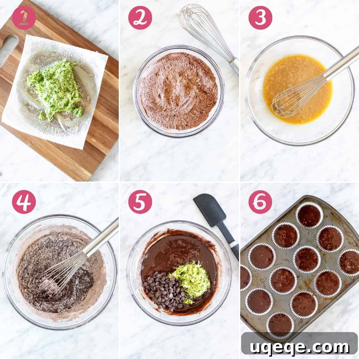 A visual collage showing six key steps in making chocolate zucchini muffins, from grating zucchini to folding in chocolate chips, guiding bakers through the process.