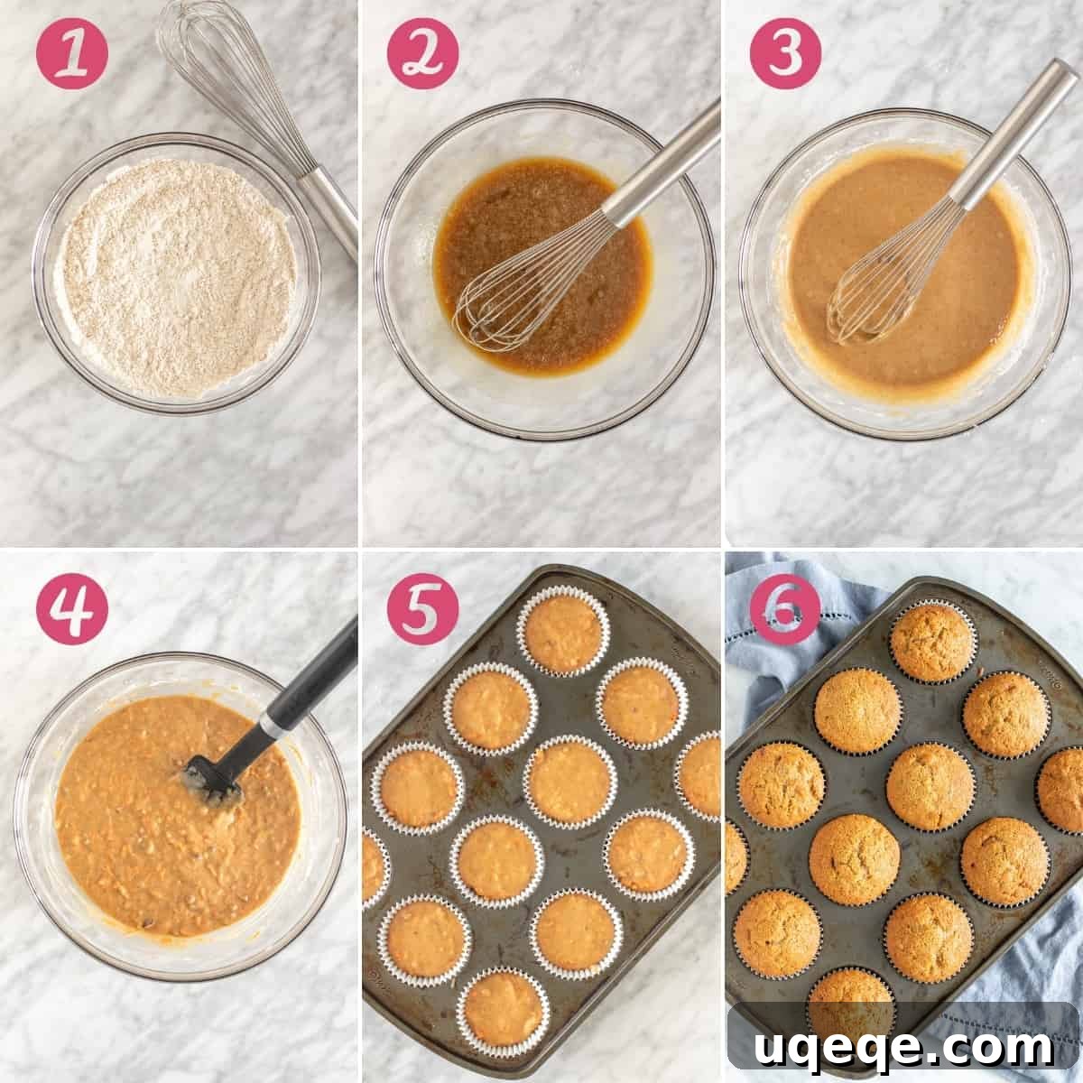 Six sequential photos illustrating the process of making carrot muffins, from mixing ingredients to folding in carrots.