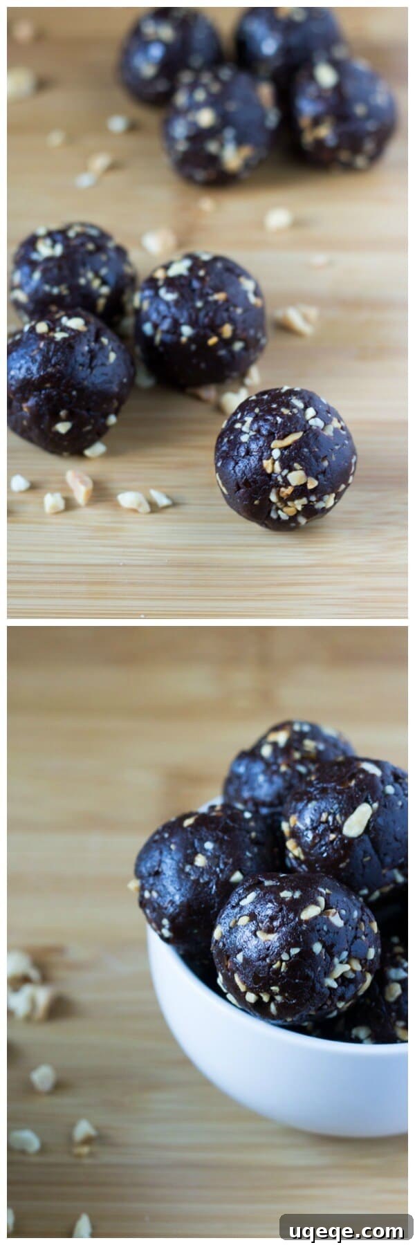 Peanut Butter Chocolate Boost Bites 3 Homemade Peanut Butter Chocolate Energy Bites ready to eat, showing the chewy texture