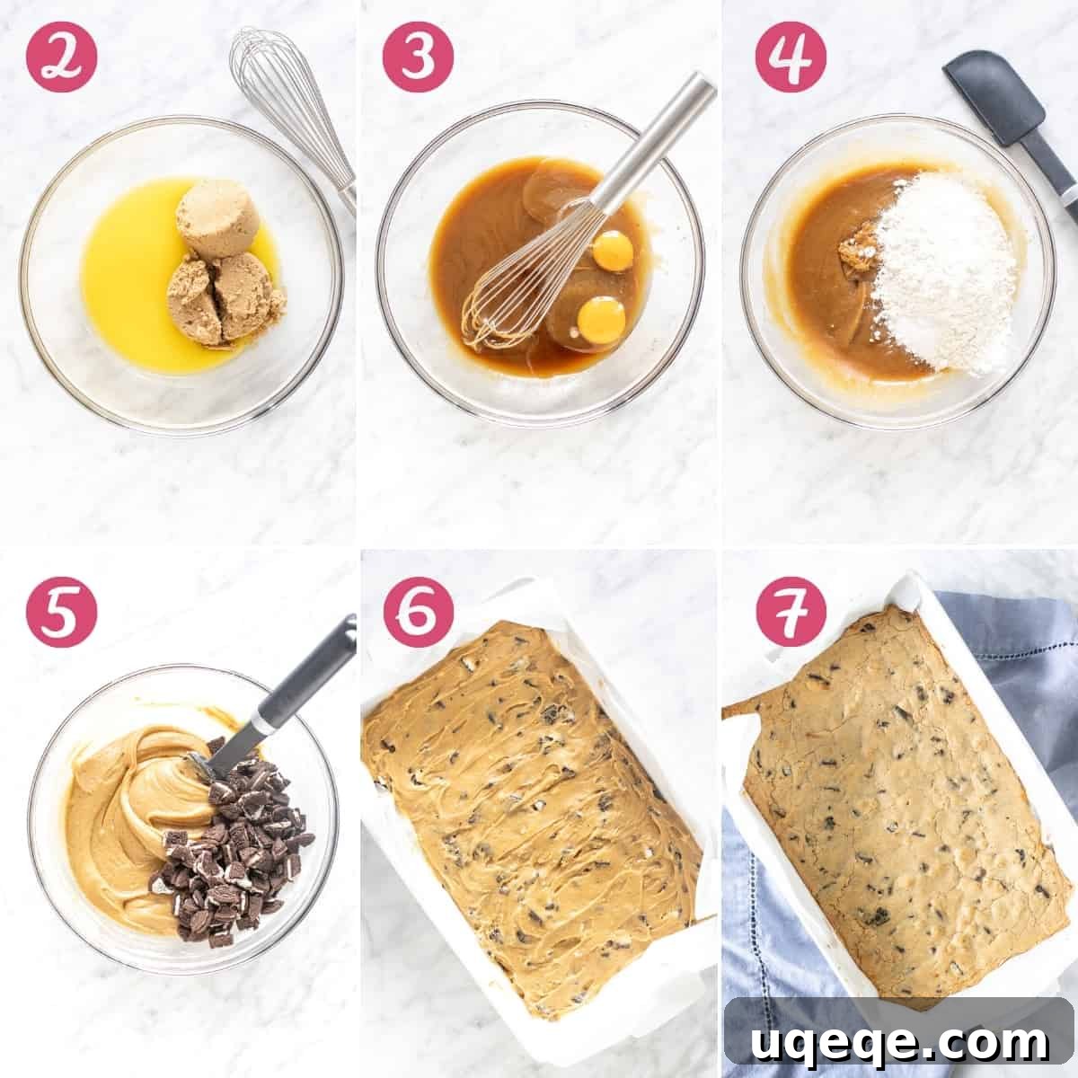 Cookies and Cream Dream Bars 4 Collage of step by step photos of making cookies and cream blondies
