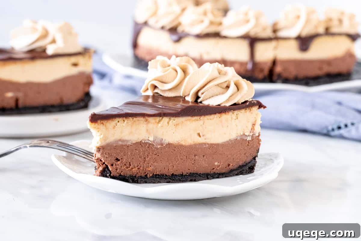 A perfect slice of layered mocha cheesecake on a white plate, showcasing its distinct chocolate and coffee layers and the Oreo crust