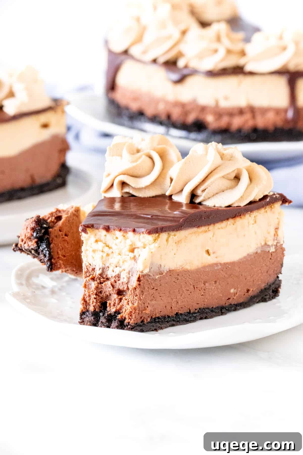 A close-up of a slice of coffee and chocolate cheesecake, showing the distinct layers and creamy texture