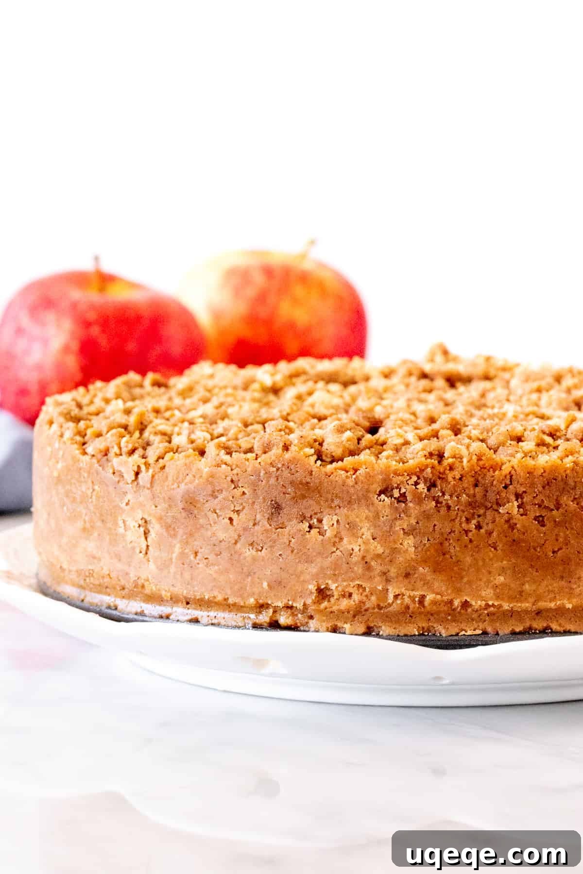 A top-down view of an entire Apple Crisp Cheesecake, showcasing its golden oatmeal crumble, a generous layer of spiced apples, and the distinct, thick graham cracker crust around the edges, ready to be sliced and served as a delicious fall centerpiece.