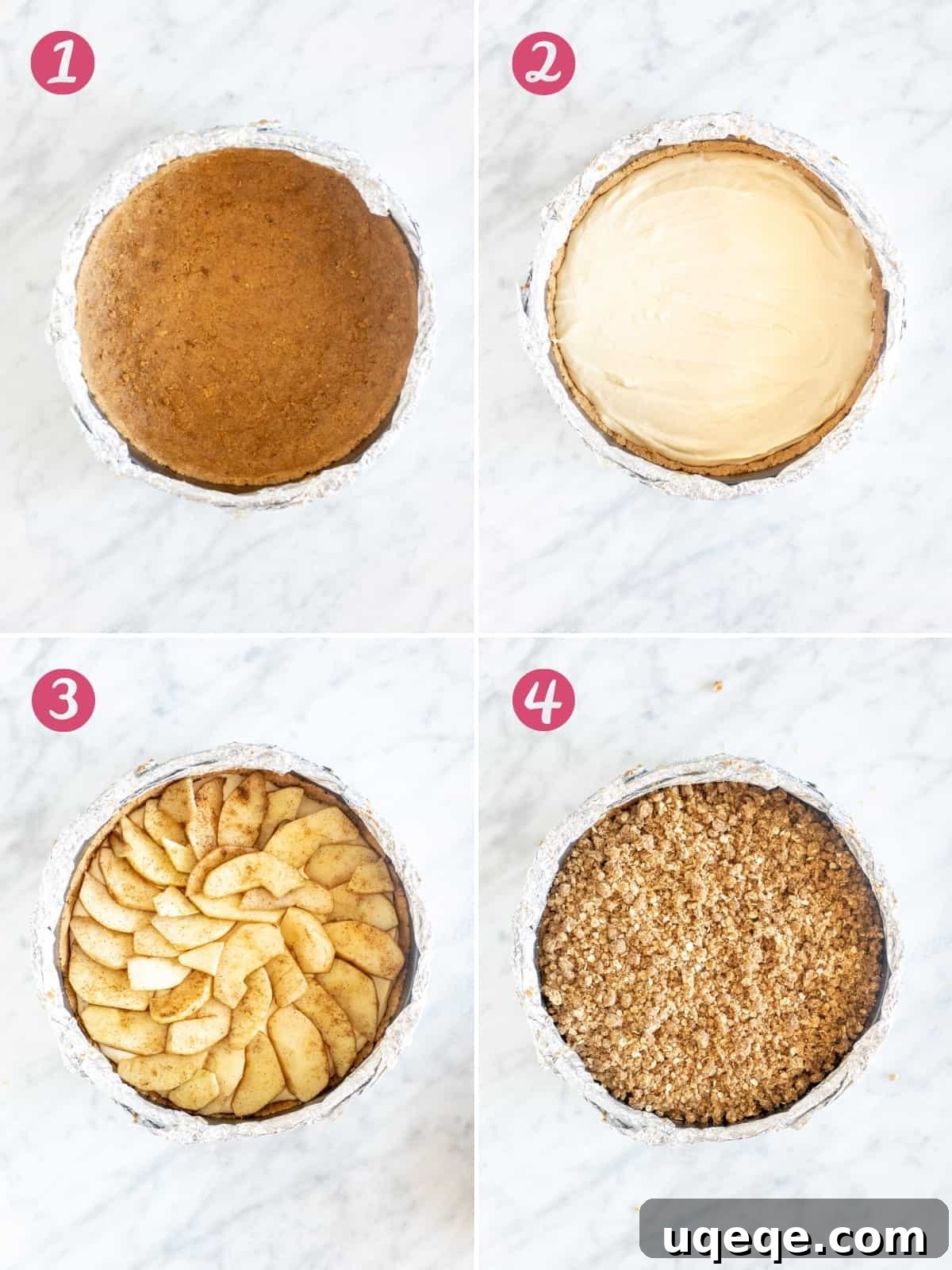 A four-panel collage illustrating the assembly process of the Apple Crisp Cheesecake: 1) Cheesecake filling over crust, 2) Layering sliced cinnamon apples, 3) Sprinkling oatmeal crumble topping, 4) The fully assembled cheesecake ready for baking.