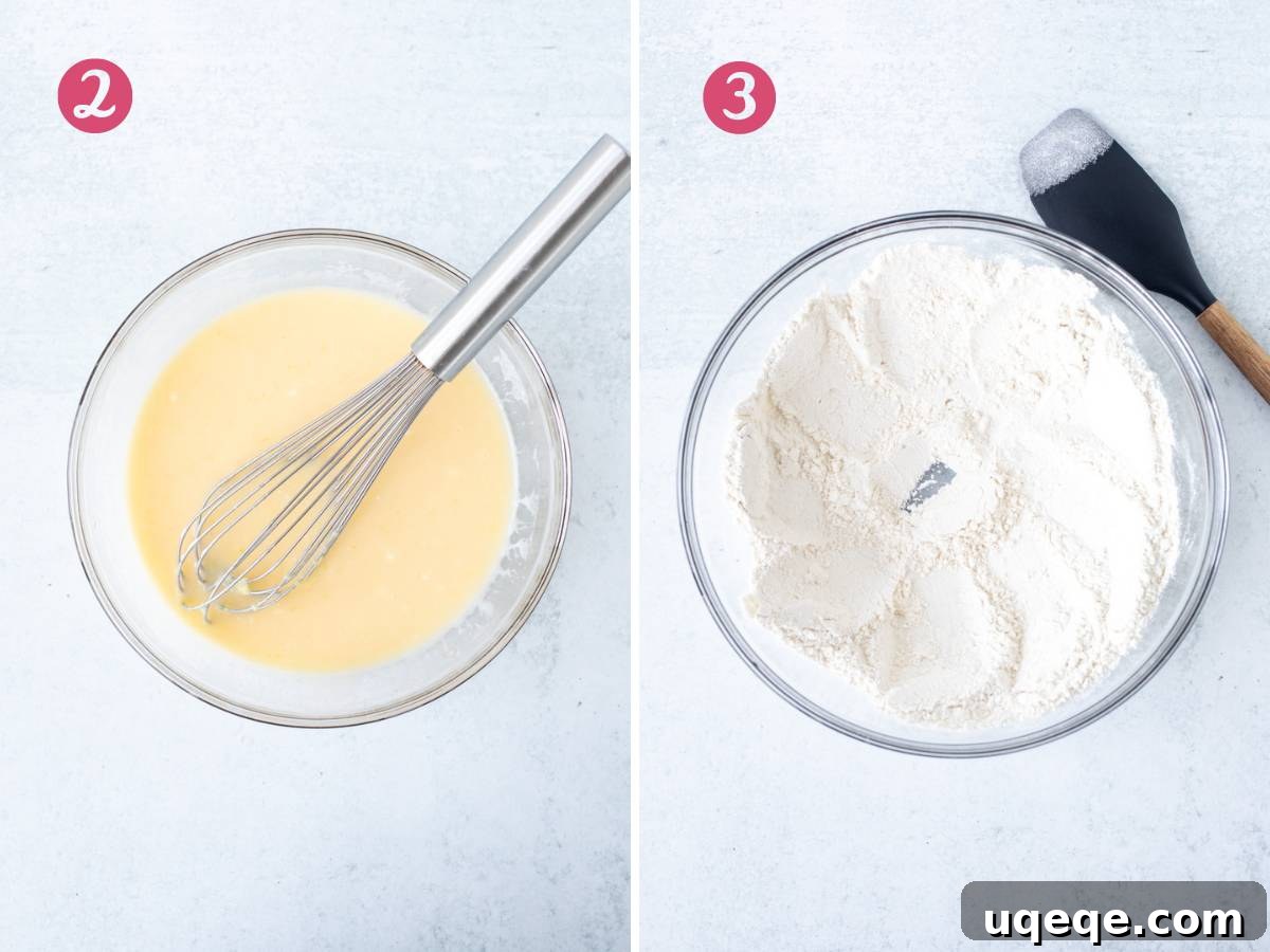 Bowl of wet ingredients whisked together and a separate bowl of dry ingredients with a well in the center