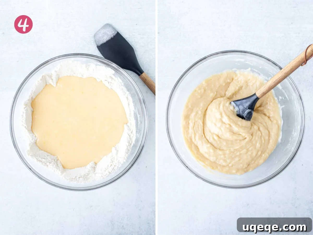 Bowl of dry ingredients with wet ingredients poured in, and a bowl of thick lemon loaf batter showing some small lumps