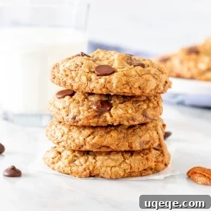 Four cowboy cookies stacked on top of each other