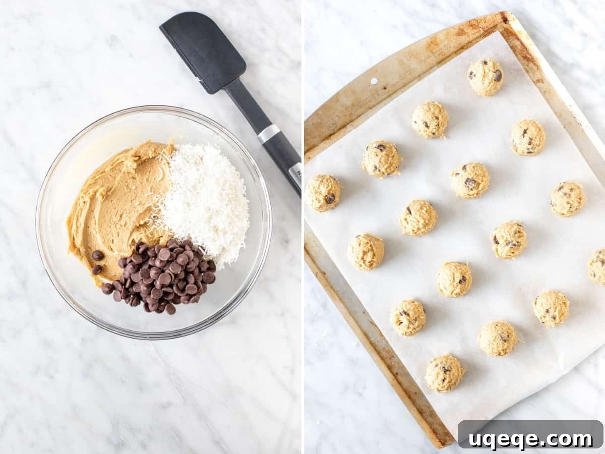 Irresistible Coconut Chocolate Chip Delights 3 2 photos in a collage: bowl of cookie dough ready for scooping and a baking sheet with perfectly portioned cookie dough balls