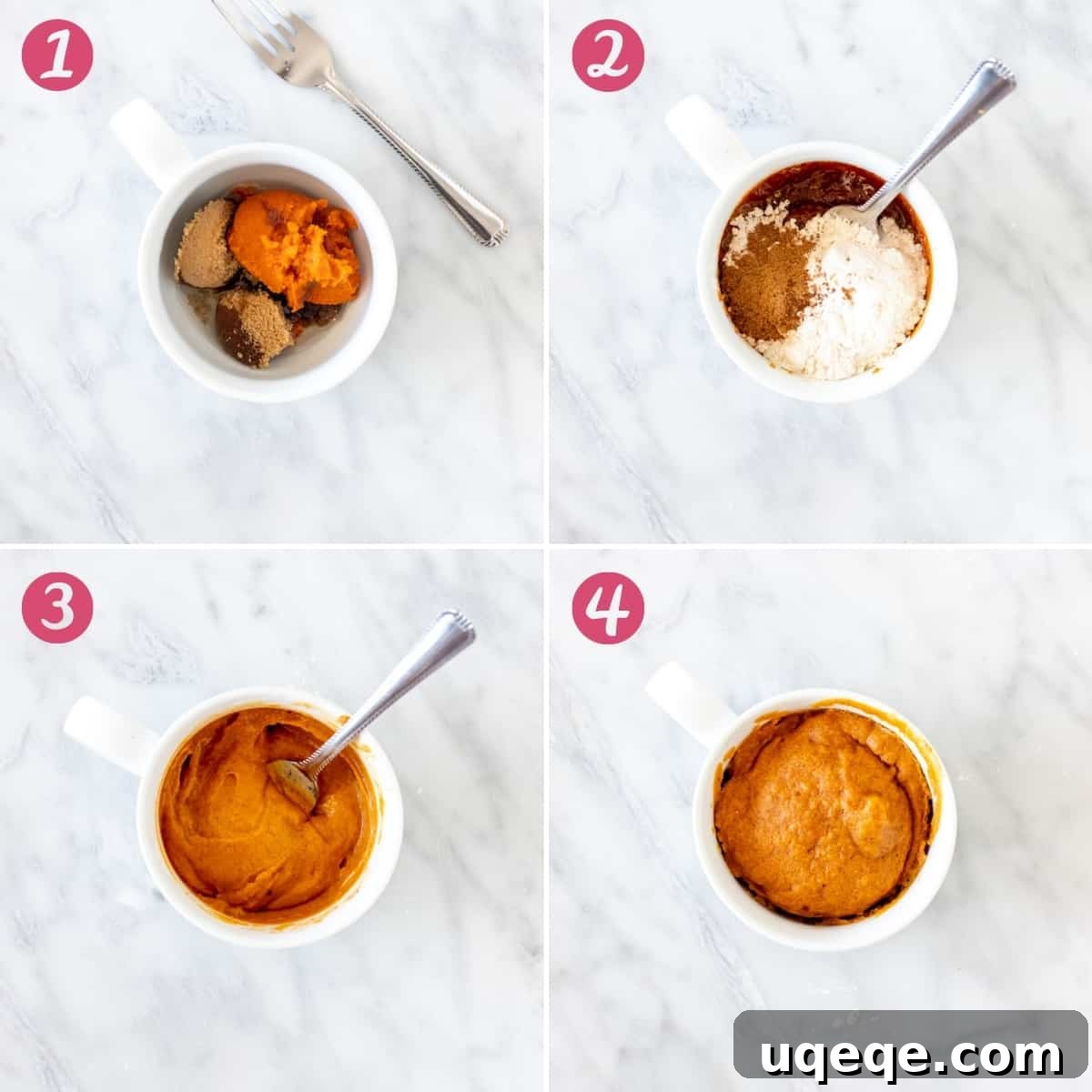Collage showing four step-by-step images on how to make a pumpkin mug cake: mixing wet, mixing dry, mixing milk, and the finished cake in a microwave