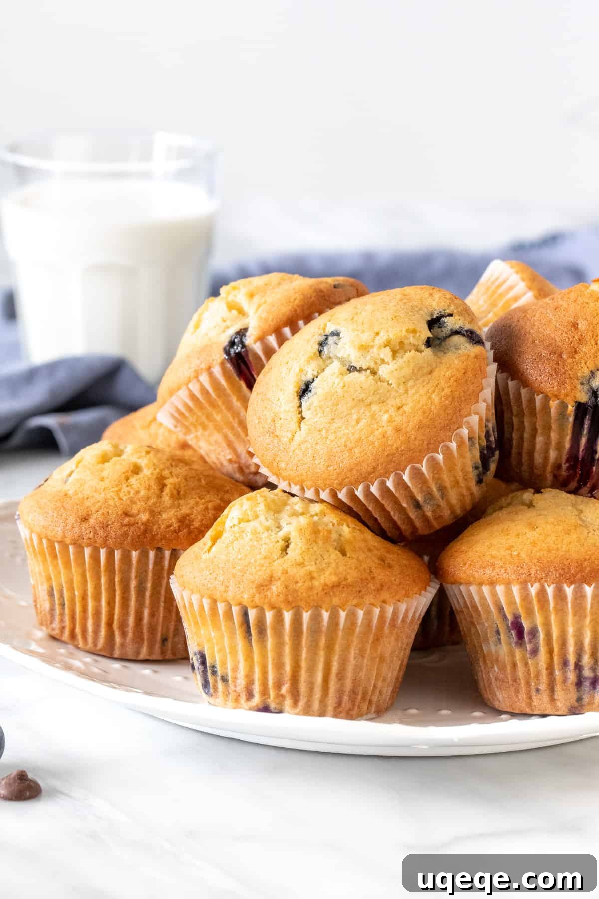 Luscious Blueberry Chocolate Chip Muffins 3 A stack of golden brown blueberry chocolate chip muffins on a plate