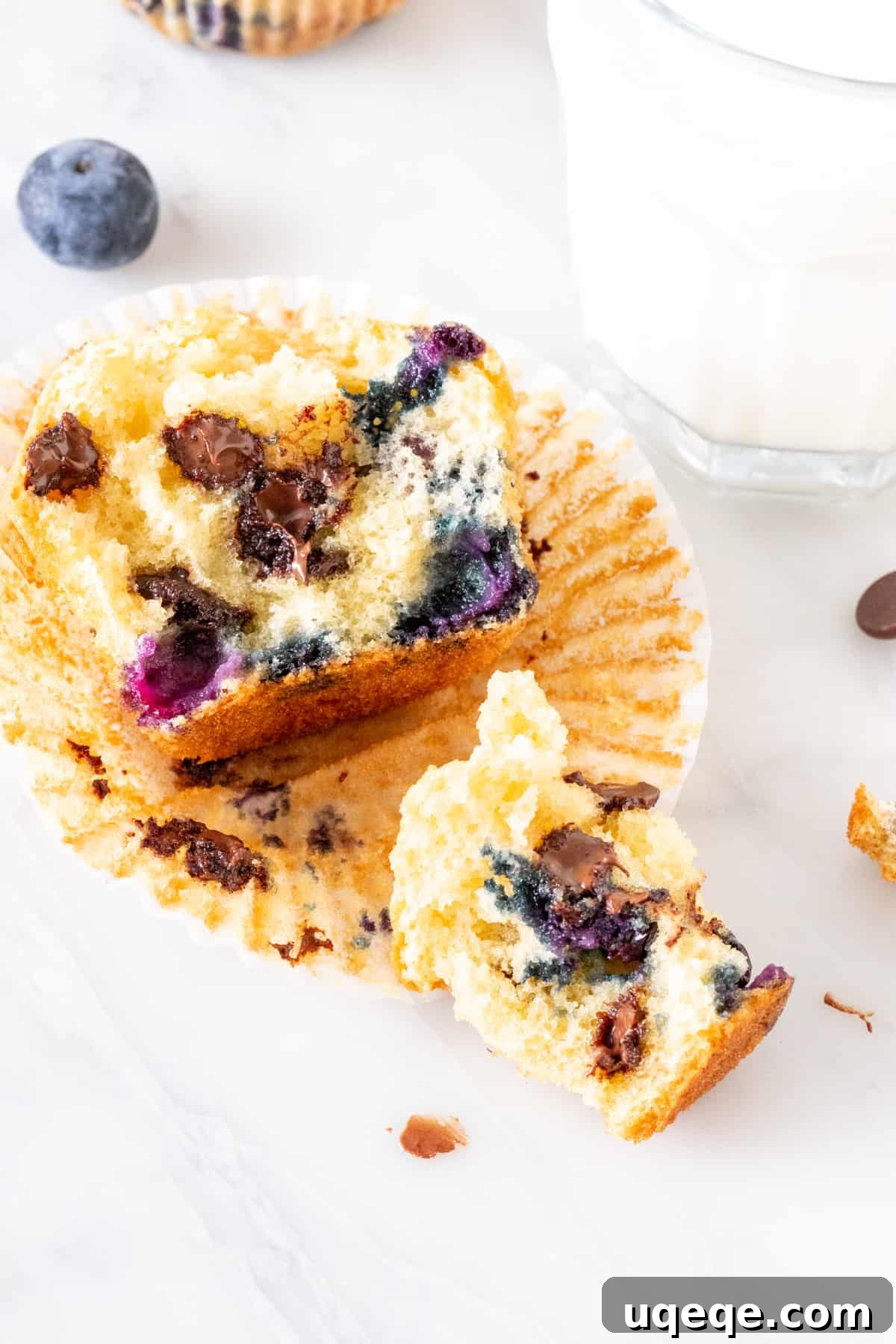 Luscious Blueberry Chocolate Chip Muffins 4 A broken blueberry chocolate chip muffin revealing its moist interior with fruit and chocolate