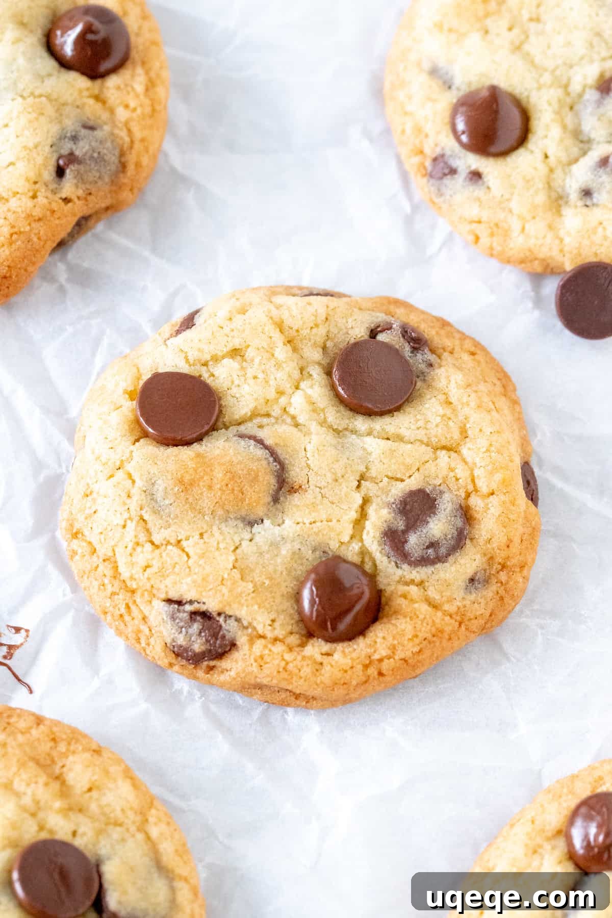 Perfect Chocolate Chip Cookies Brown Sugar Free 2 Chocolate chip cookie without brown sugar on parchment paper, showing a soft and chewy texture.