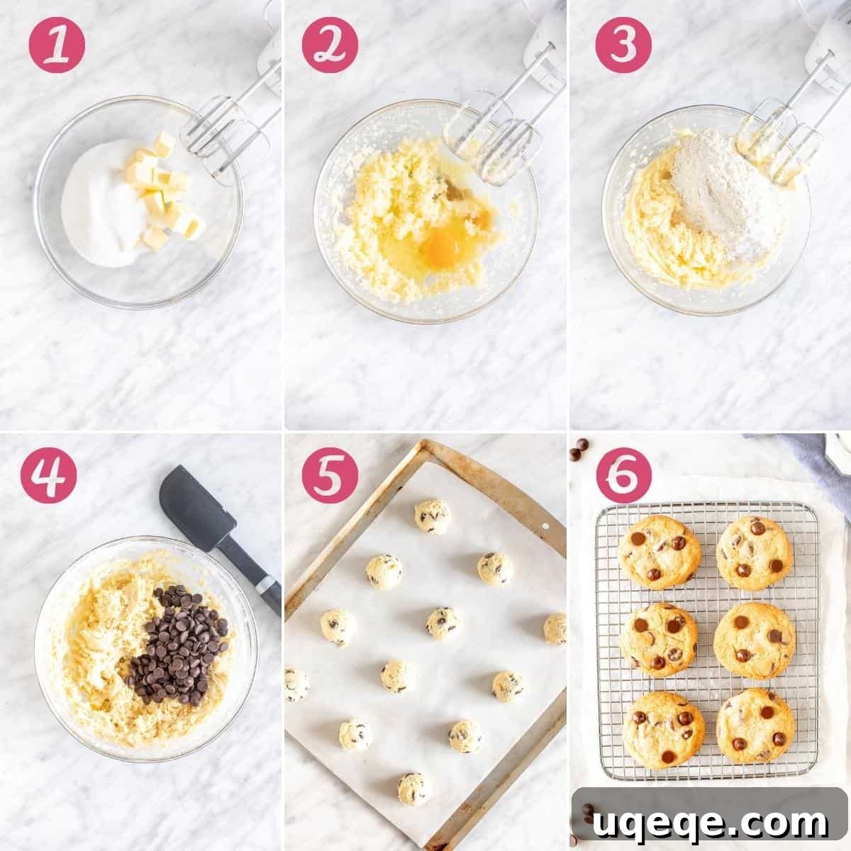 Perfect Chocolate Chip Cookies Brown Sugar Free 4 Collage of 6 step-by-step photos making chocolate chip cookies, demonstrating the process from mixing to baking.