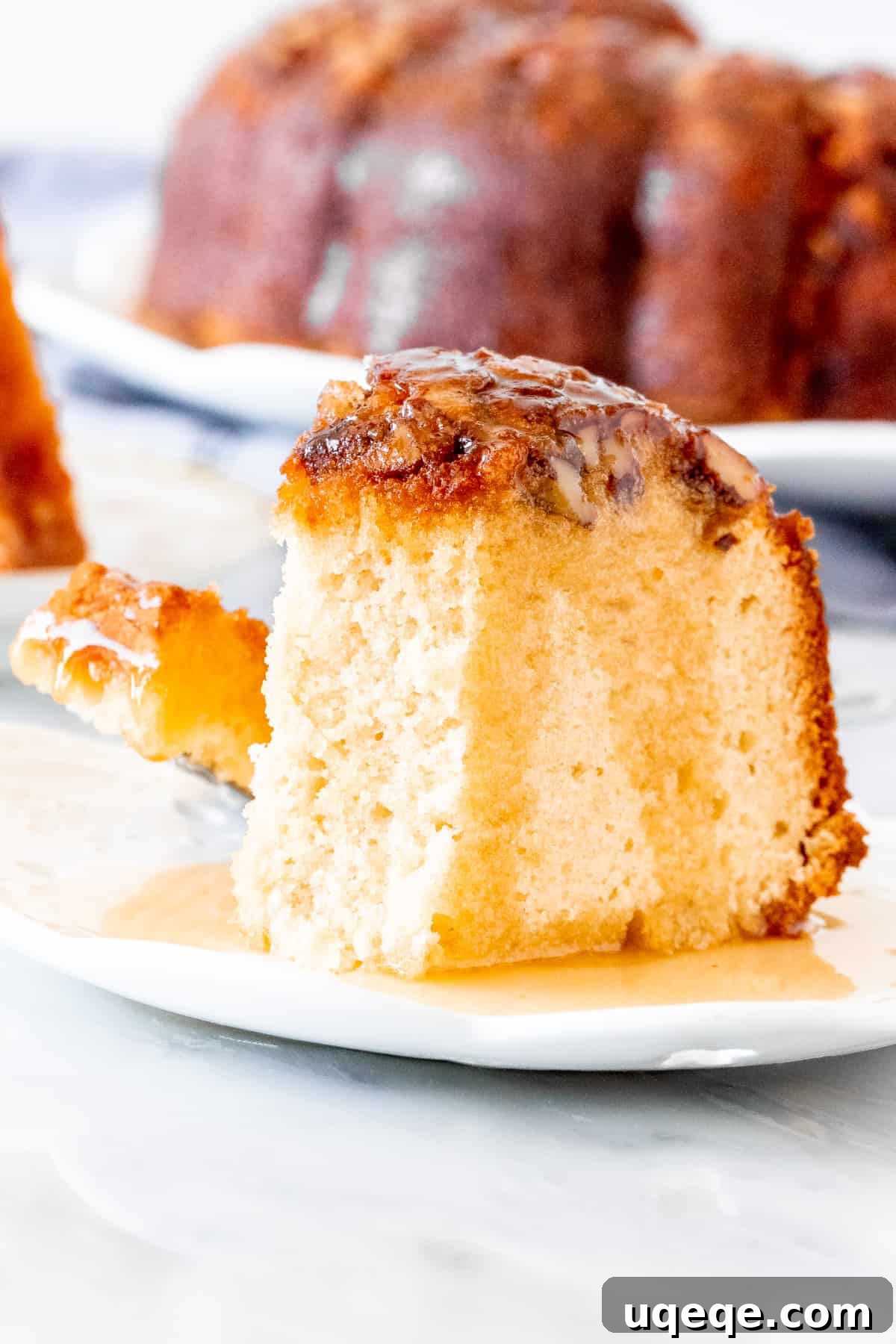 Decadent Homemade Rum Cake 5 A beautiful piece of rum-soaked bundt cake topped with crunchy pecans and drizzled with a luscious rum sauce.