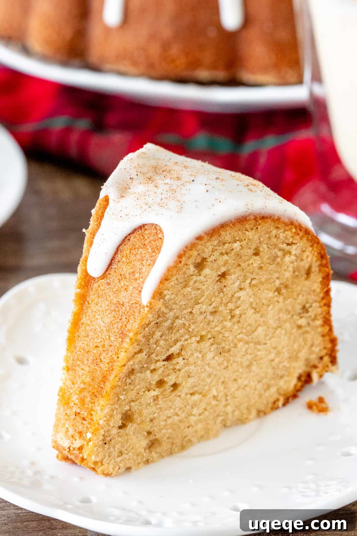 Holiday Eggnog Bundt Cake: Incredibly Moist, Tender, and Festive 4 Slice of eggnog bundt cake with glaze, ready to be enjoyed