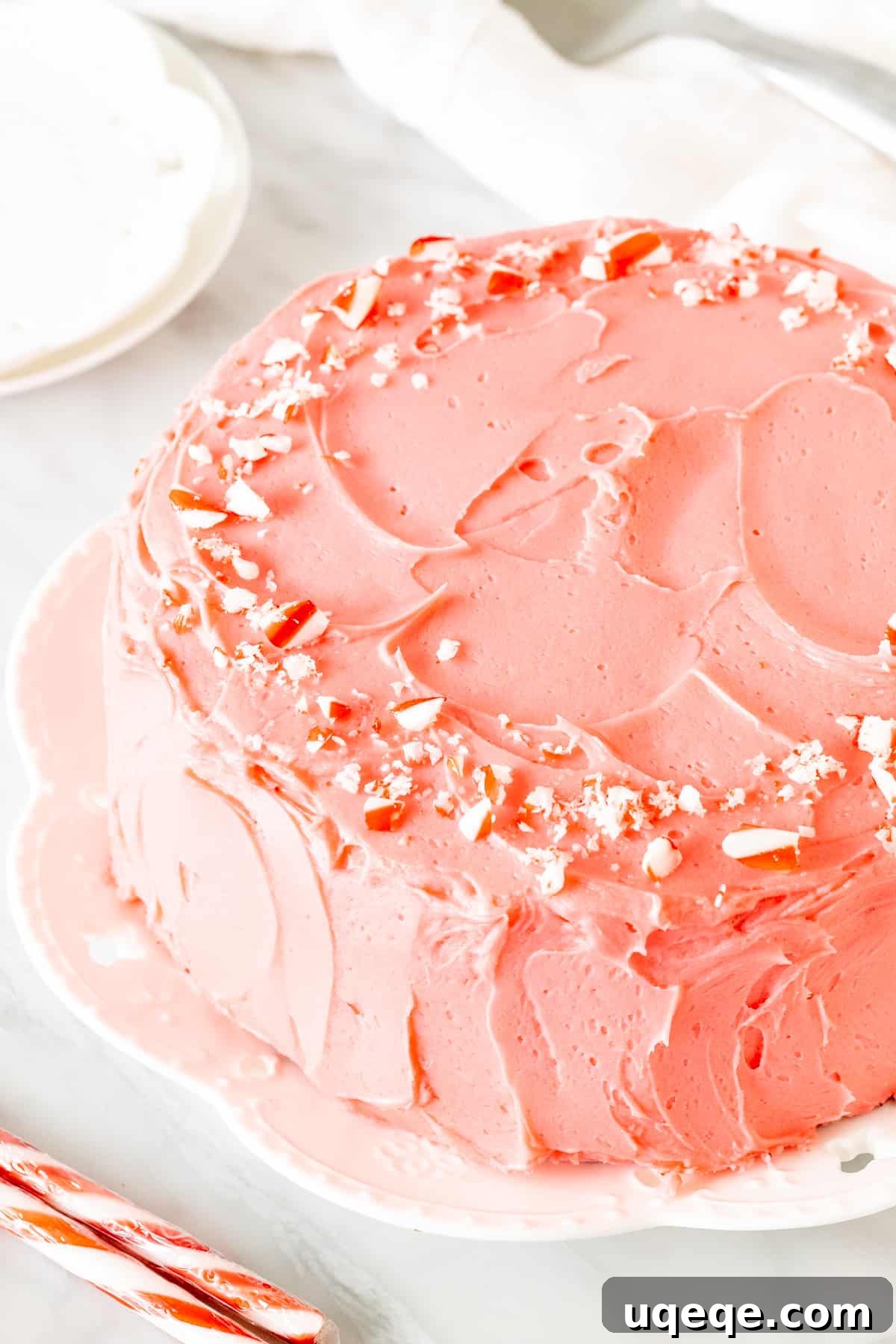 Peppermint Twist Chocolate Cake 3 A stunning 8-inch round layer cake featuring vibrant pink peppermint frosting, generously adorned with glistening crushed candy canes on its surface, ready for a festive celebration.