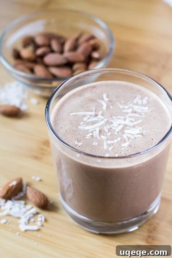 Chocolate, almonds & coconut come together in this deliciously healthy breakfast shake. Plus - it's dairy free, sugar free, gluten free & vegan.