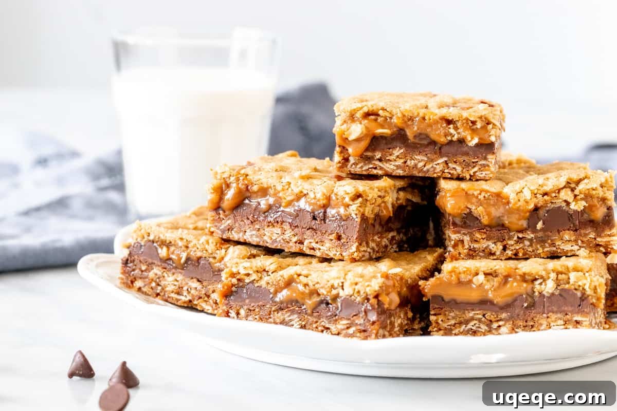 Caramelitas Chewy Caramel Oatmeal Bars 5 Plate of caramel oatmeal bars with glass of milk
