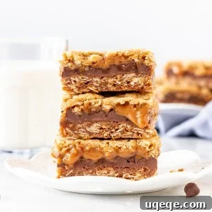Caramelitas Chewy Caramel Oatmeal Bars 7 Stack of 3 Caramelitas on a plate