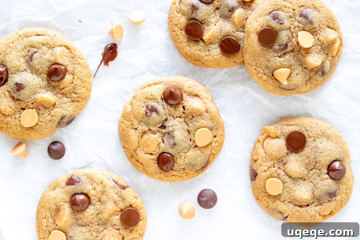 Perfectly Soft and Chewy Butterscotch Chocolate Chip Cookies 3 Freshly baked butterscotch chocolate chip cookies cooling on parchment paper