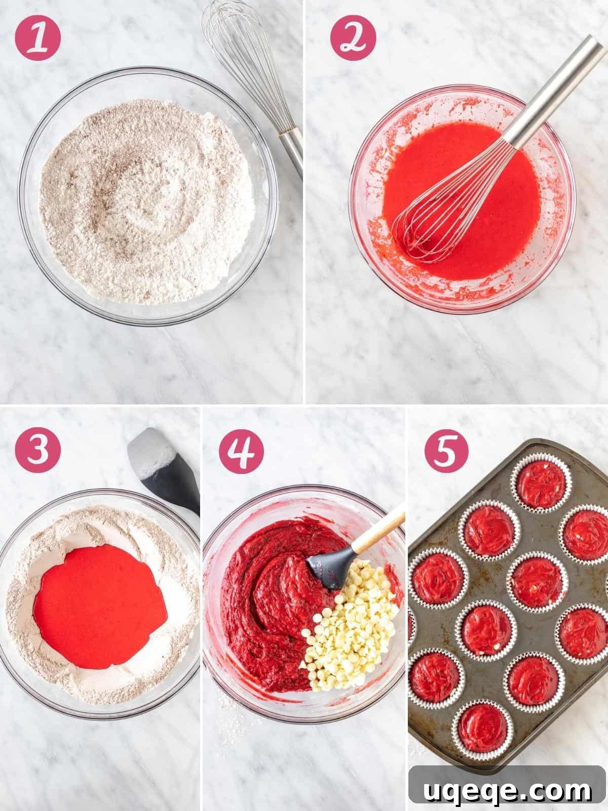 Collage showing the step-by-step process of mixing and preparing red velvet muffin batter, from ingredients to filling the muffin tin.
