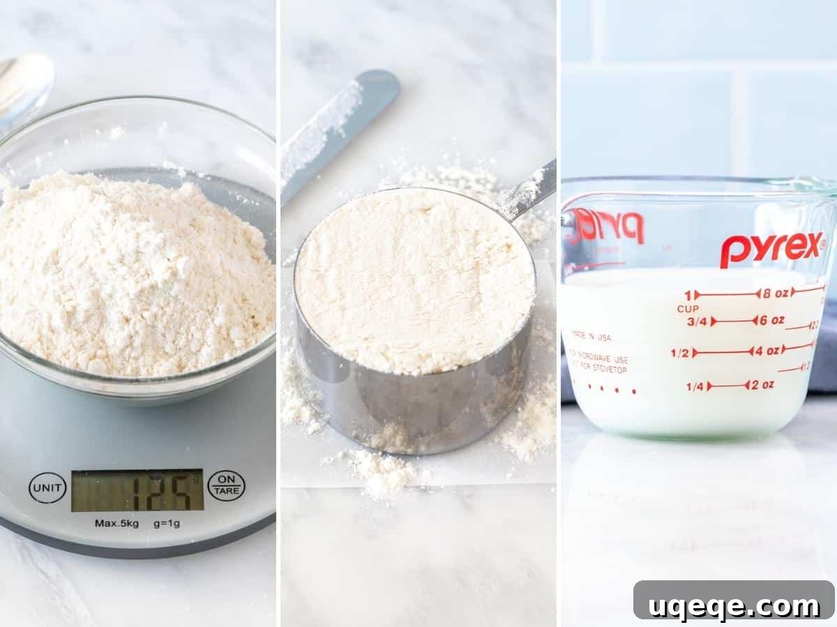 Unlock Your Baking Potential: Simple Tips for Superior Bakes 4 A visual guide showing three clear photos: scooping and leveling dry ingredients, weighing ingredients on a kitchen scale, and measuring liquid at eye level, illustrating proper measuring techniques.