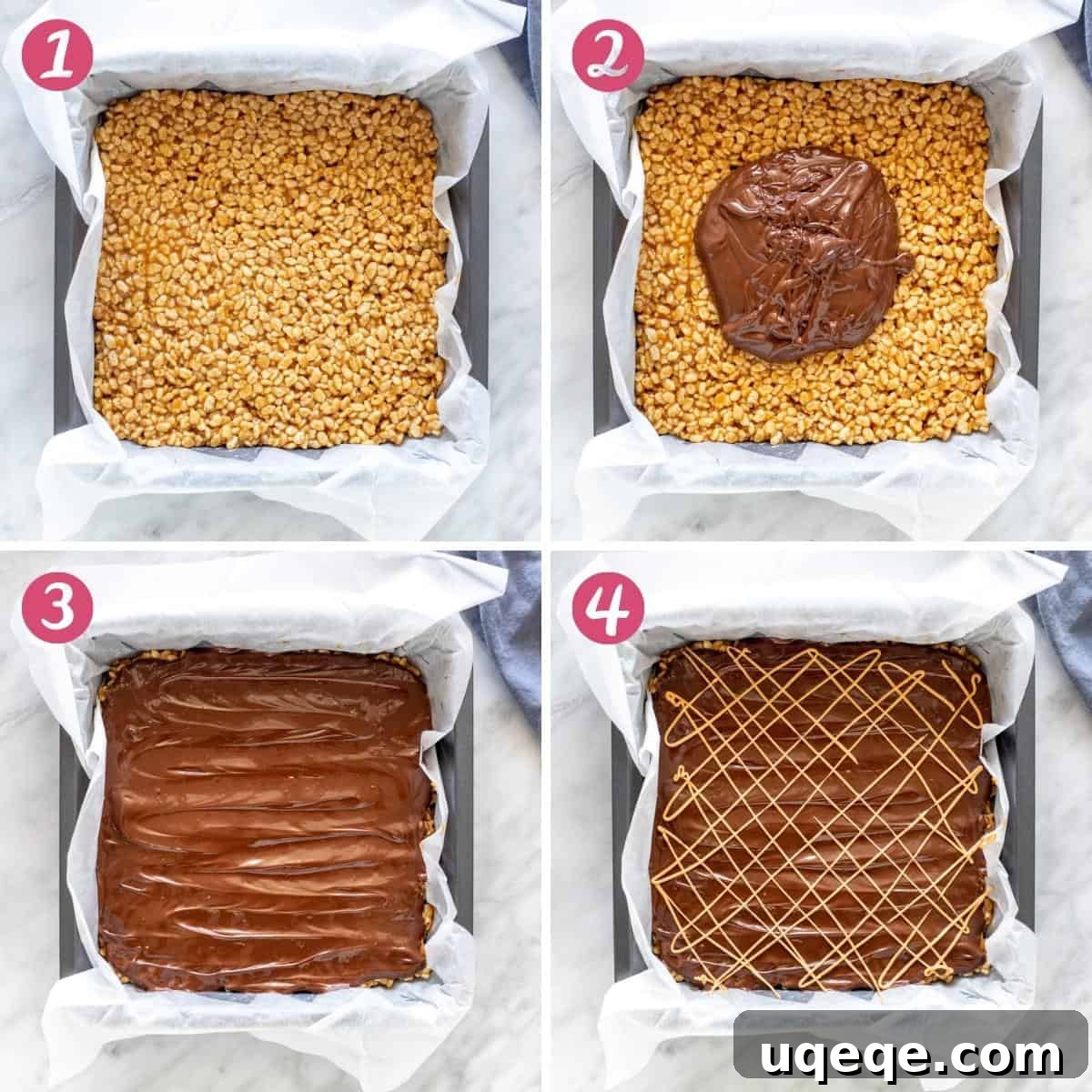 Tiger Bar Golden Butterscotch Crunch 4 Collage of 4 photos showing the step-by-step process of making Tiger Bars, from melting ingredients to pressing into a pan.