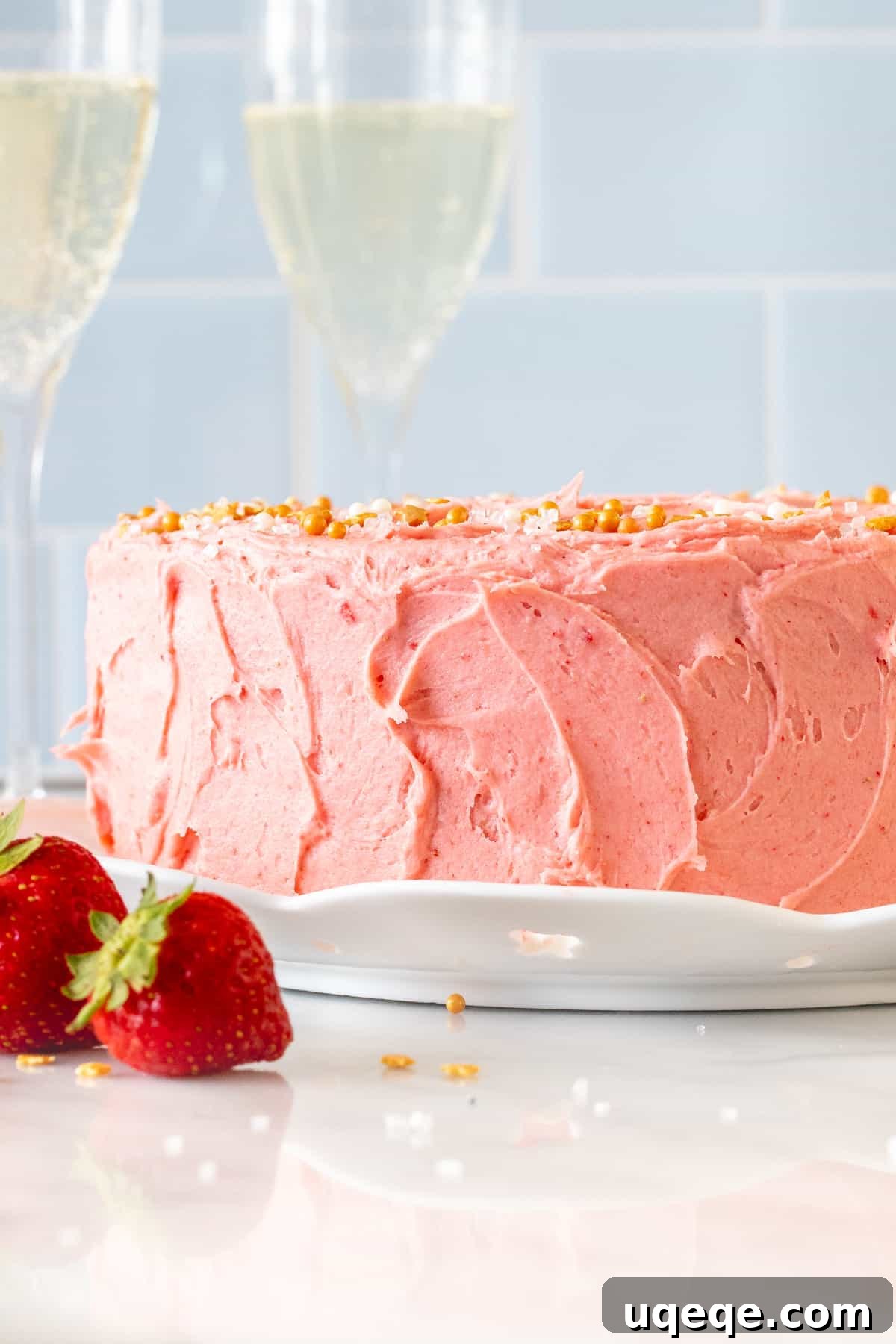 Sparkling Strawberry Bliss Cake 2 Strawberry champagne cake with two glasses of champagne, perfect for celebrations