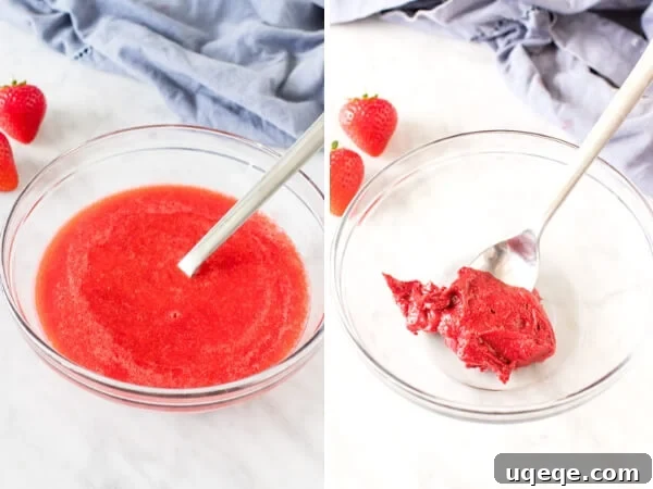 Sparkling Strawberry Bliss Cake 5 Visual comparison of strawberry puree before and after boiling down to a concentrated jam-like consistency, highlighting the flavor concentration process.