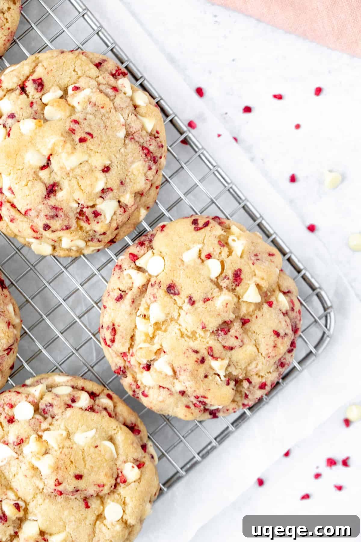 Chewy White Chocolate Raspberry Cookies 3 White chocolate raspberry cookies cooling on a wire rack