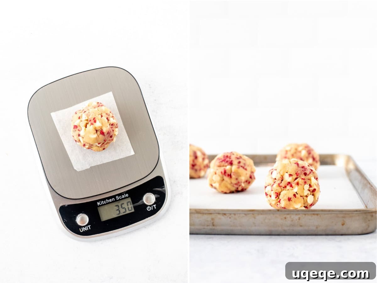Chewy White Chocolate Raspberry Cookies 4 White chocolate raspberry cookie dough ball being weighed on a kitchen scale, and prepared dough balls on a lined baking sheet