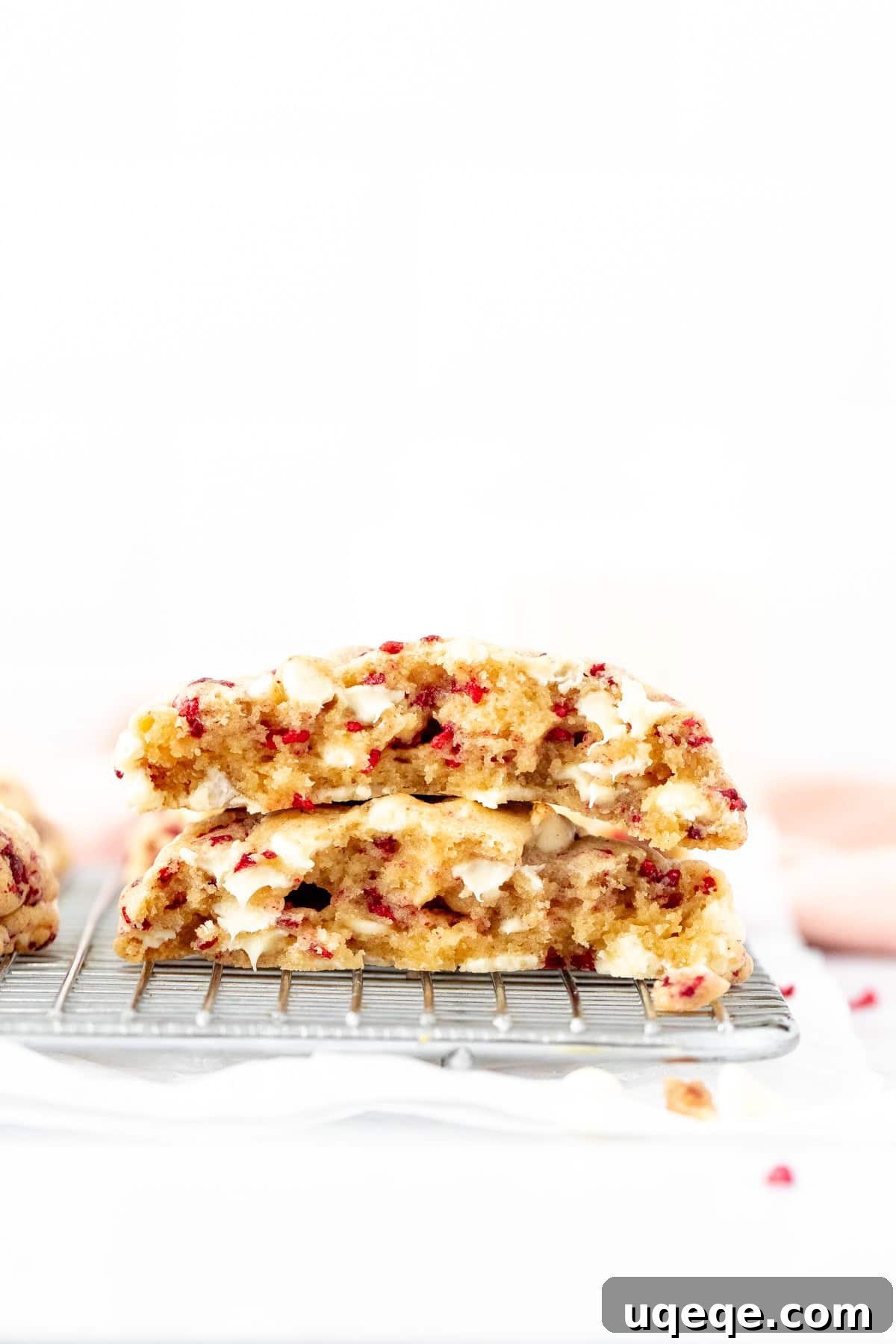 Chewy White Chocolate Raspberry Cookies 5 An extra thick white chocolate raspberry cookie broken in half, revealing its gooey center