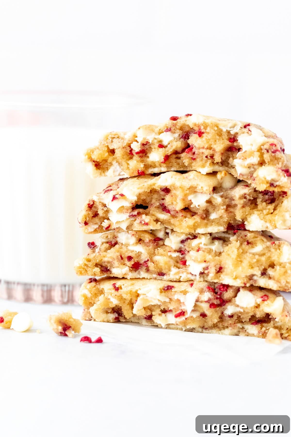 Chewy White Chocolate Raspberry Cookies 6 Stack of bakery-style white chocolate raspberry cookie halves with a glass of milk
