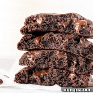 Two double chocolate cookies, broken in half and stacked on top of each other, showcasing their irresistible texture.