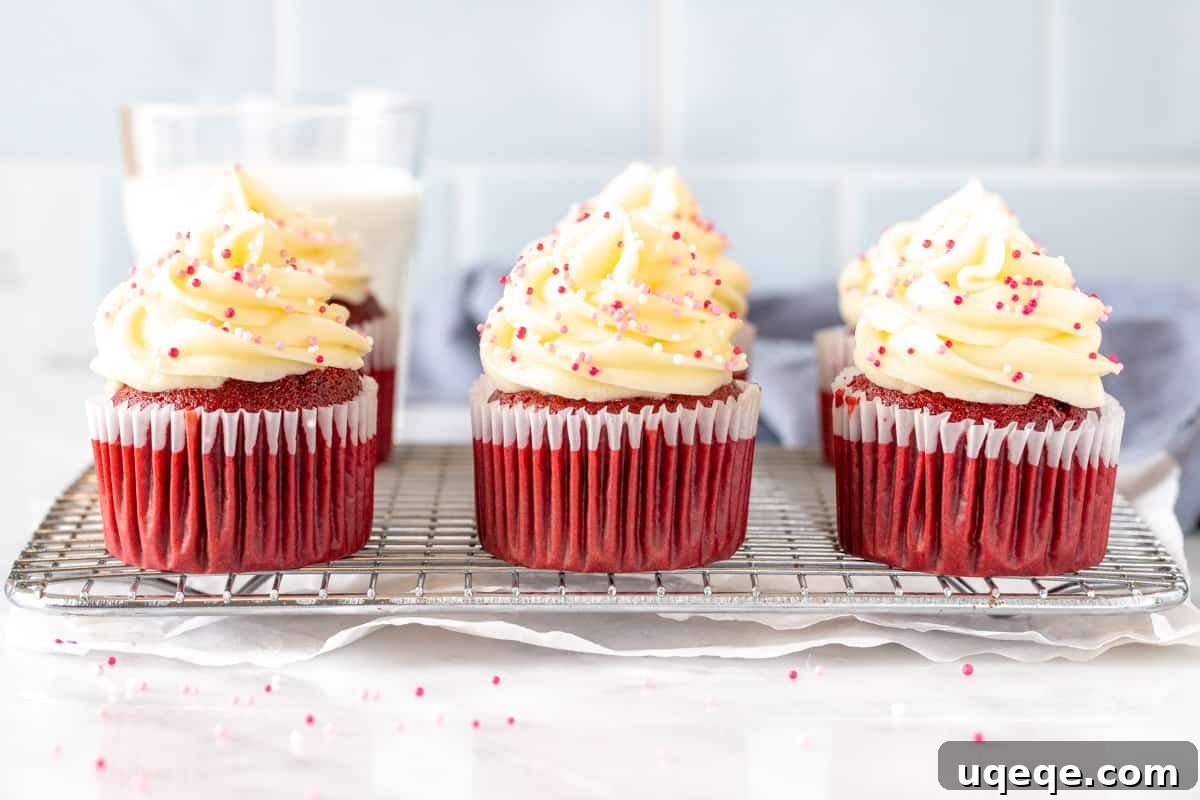 Just Enough Red Velvet Bliss 3 A plate of small-batch red velvet cupcakes, beautifully frosted with white cream cheese, ready to be enjoyed.