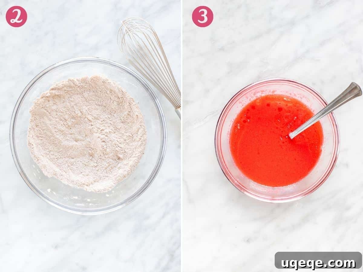 Just Enough Red Velvet Bliss 4 Two steps of making small-batch red velvet cupcakes: mixing dry ingredients and combining wet ingredients in separate bowls.