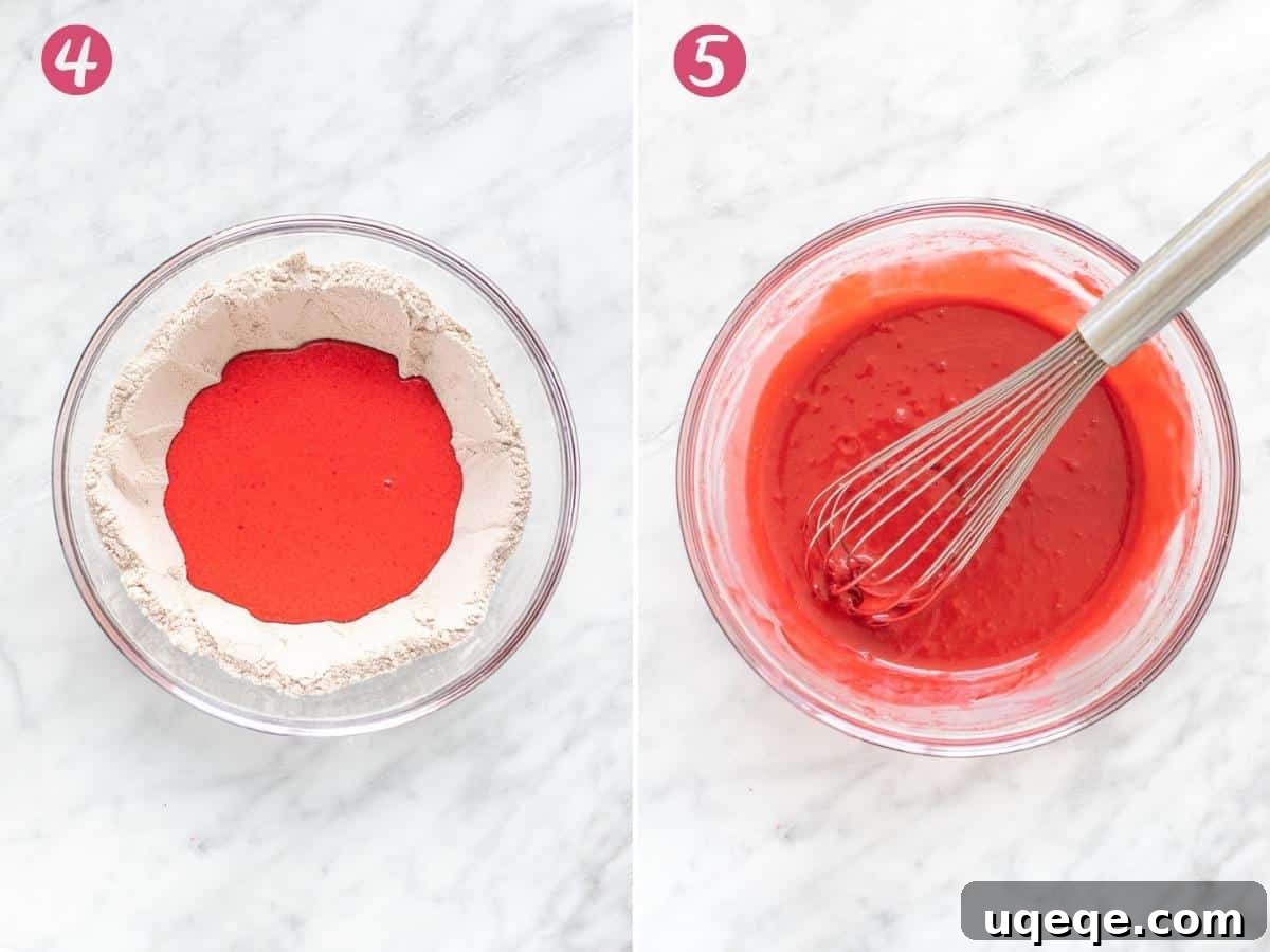 Just Enough Red Velvet Bliss 5 A collage showing two photos of the red velvet cupcake making process: combining wet and dry ingredients, and the finished smooth batter.