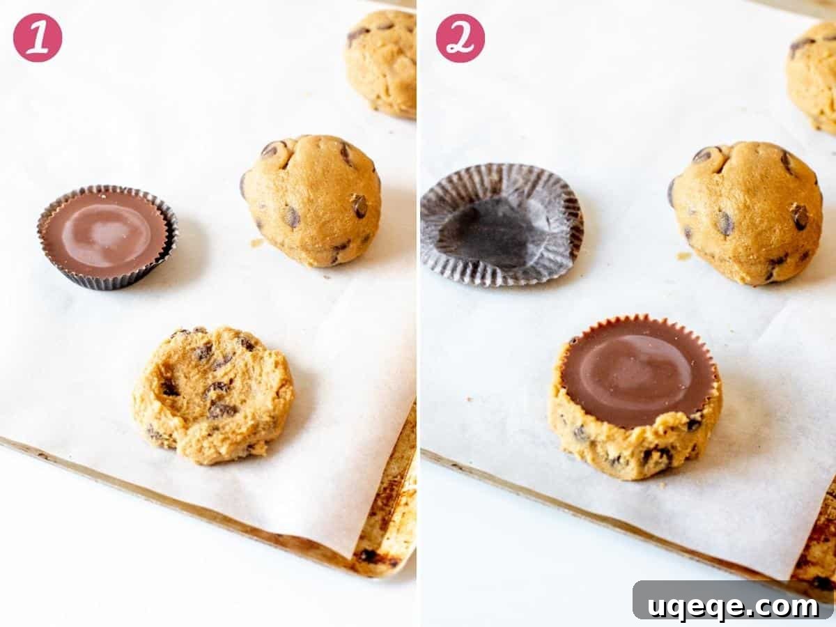 Decadent Reese's Chocolate Chip Cookies 4 Two steps showing how to flatten cookie dough and place a peanut butter cup in the center.