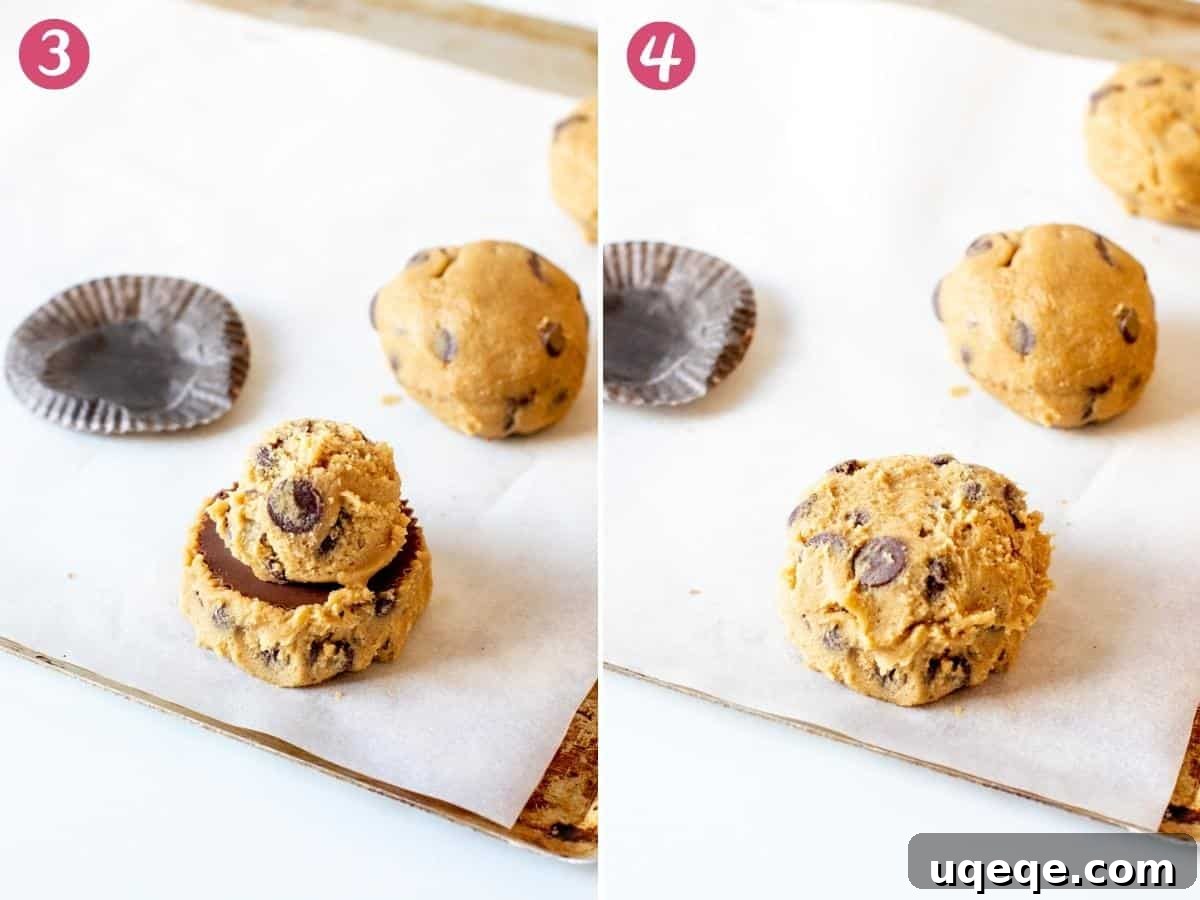 Decadent Reese's Chocolate Chip Cookies 5 Steps showing how to cover a peanut butter cup with cookie dough and roll into a ball.