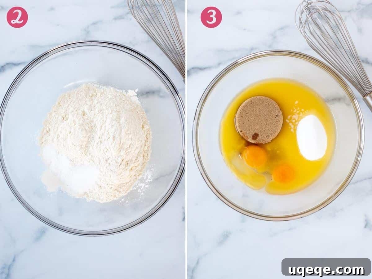 Two side-by-side photographs illustrating essential steps in muffin preparation: one bowl shows dry ingredients being whisked, and another bowl displays wet ingredients being whisked together to ensure proper mixing.