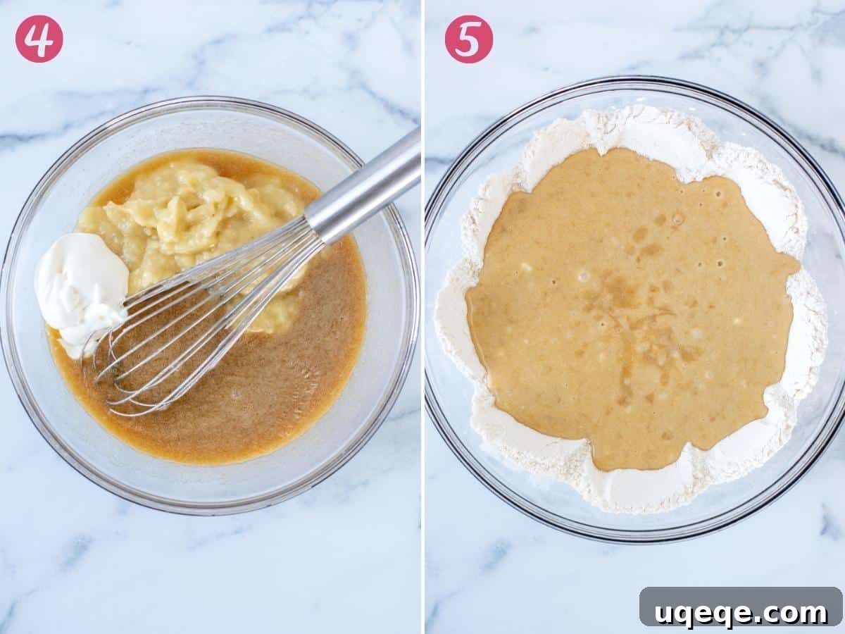 Two illustrative steps for making banana blueberry muffins: combining wet and dry ingredients gently, followed by carefully folding in the blueberries for even distribution.