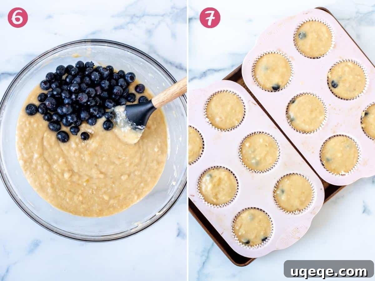 A large bowl brimming with rich banana blueberry muffin batter, accompanied by a prepared muffin tin neatly filled with the batter, ready for baking.