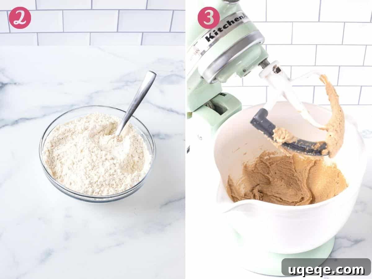 Two side-by-side images showing the initial steps of making the coffee bundt cake batter, focusing on creaming butter and sugar.